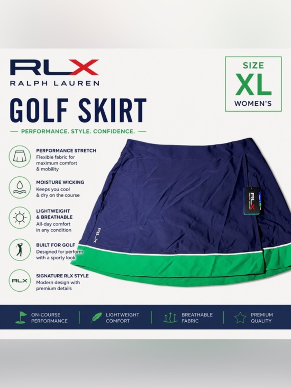 RLX Ralph Lauren Golf Skort Skirt Size XL NWT |Navy Green Stretch Athletic Golf